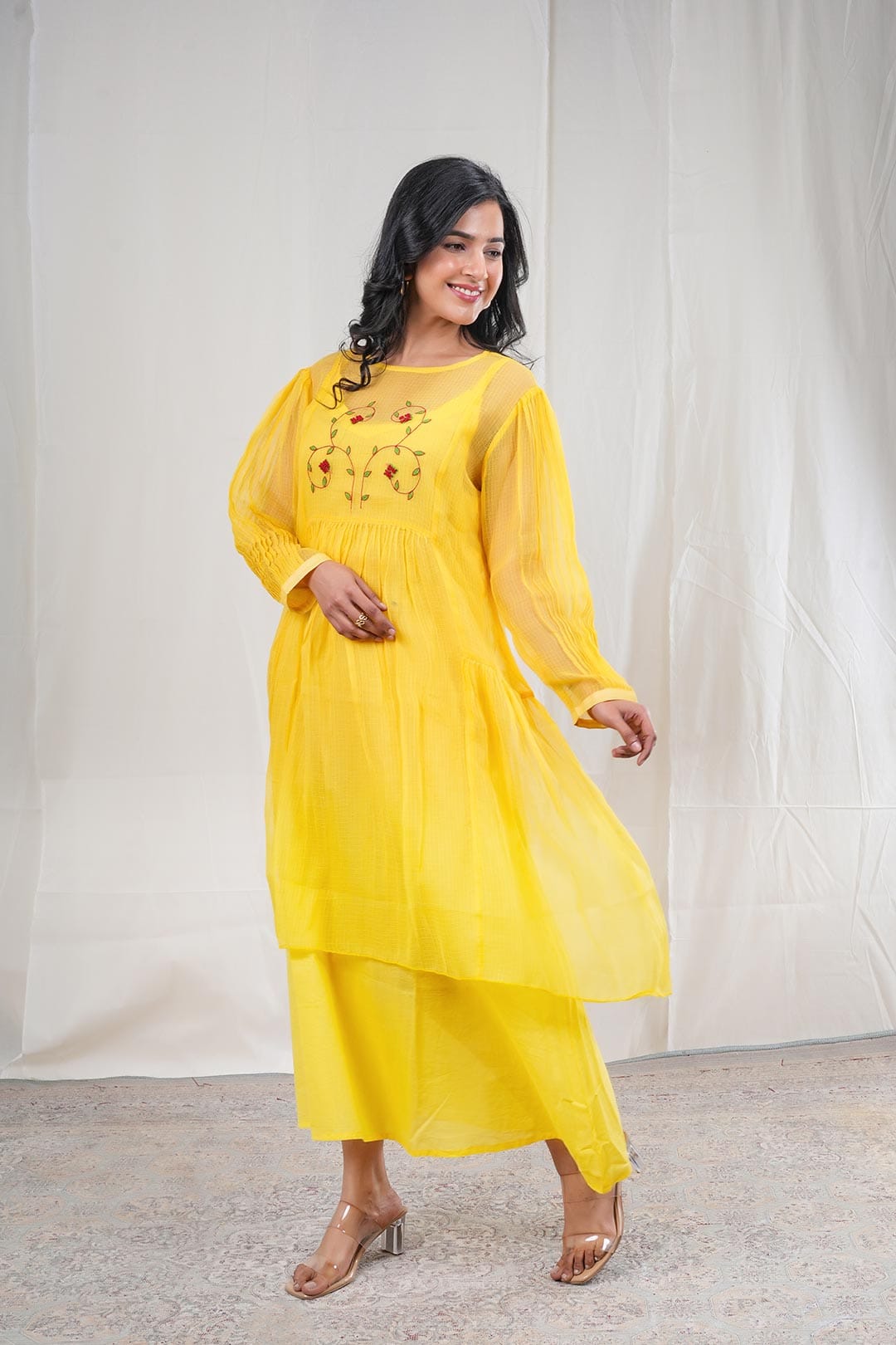 Swara – Hand Embroidery Print Kota Doriya 1 Piece Dress in Yellow Color Phalak Collection – Indo Western Wear
