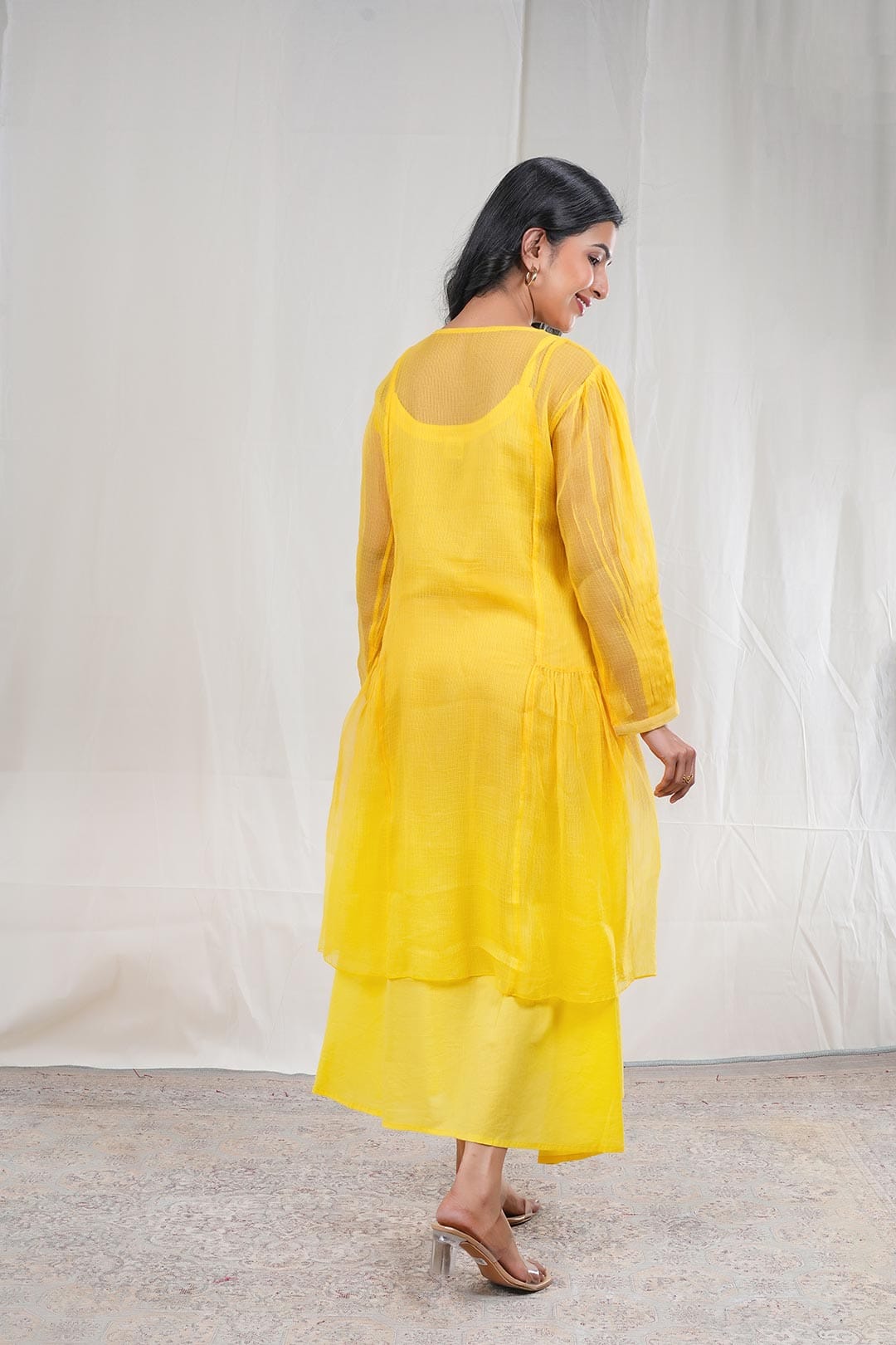 Swara – Hand Embroidery Print Kota Doriya 1 Piece Dress in Yellow Color Phalak Collection – Indo Western Wear