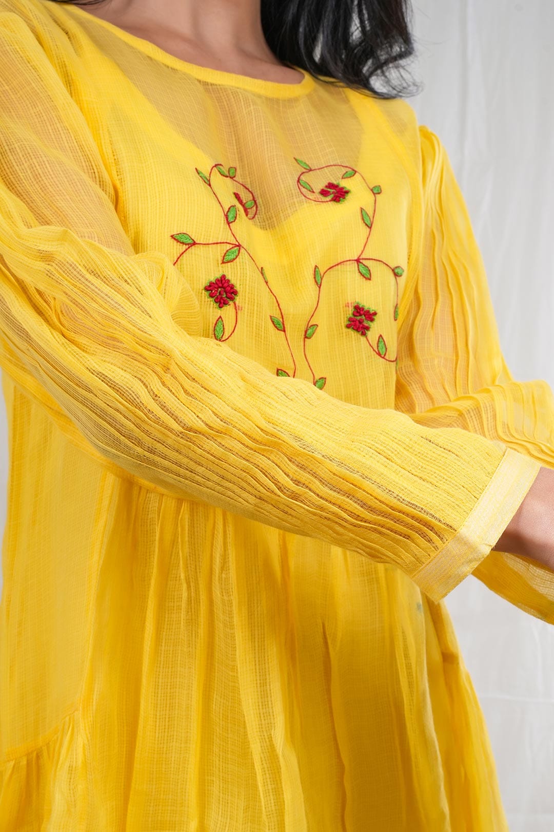 Swara – Hand Embroidery Print Kota Doriya 1 Piece Dress in Yellow Color Phalak Collection – Indo Western Wear