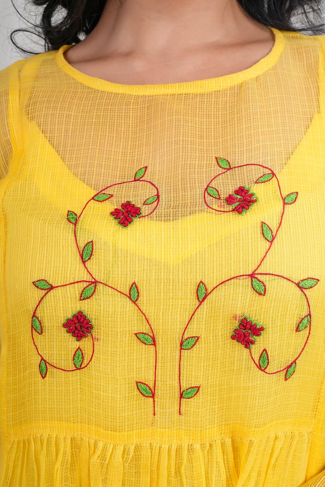 Swara – Hand Embroidery Print Kota Doriya 1 Piece Dress in Yellow Color Phalak Collection – Indo Western Wear