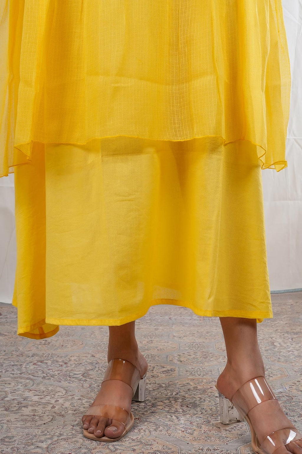 Swara – Hand Embroidery Print Kota Doriya 1 Piece Dress in Yellow Color Phalak Collection – Indo Western Wear