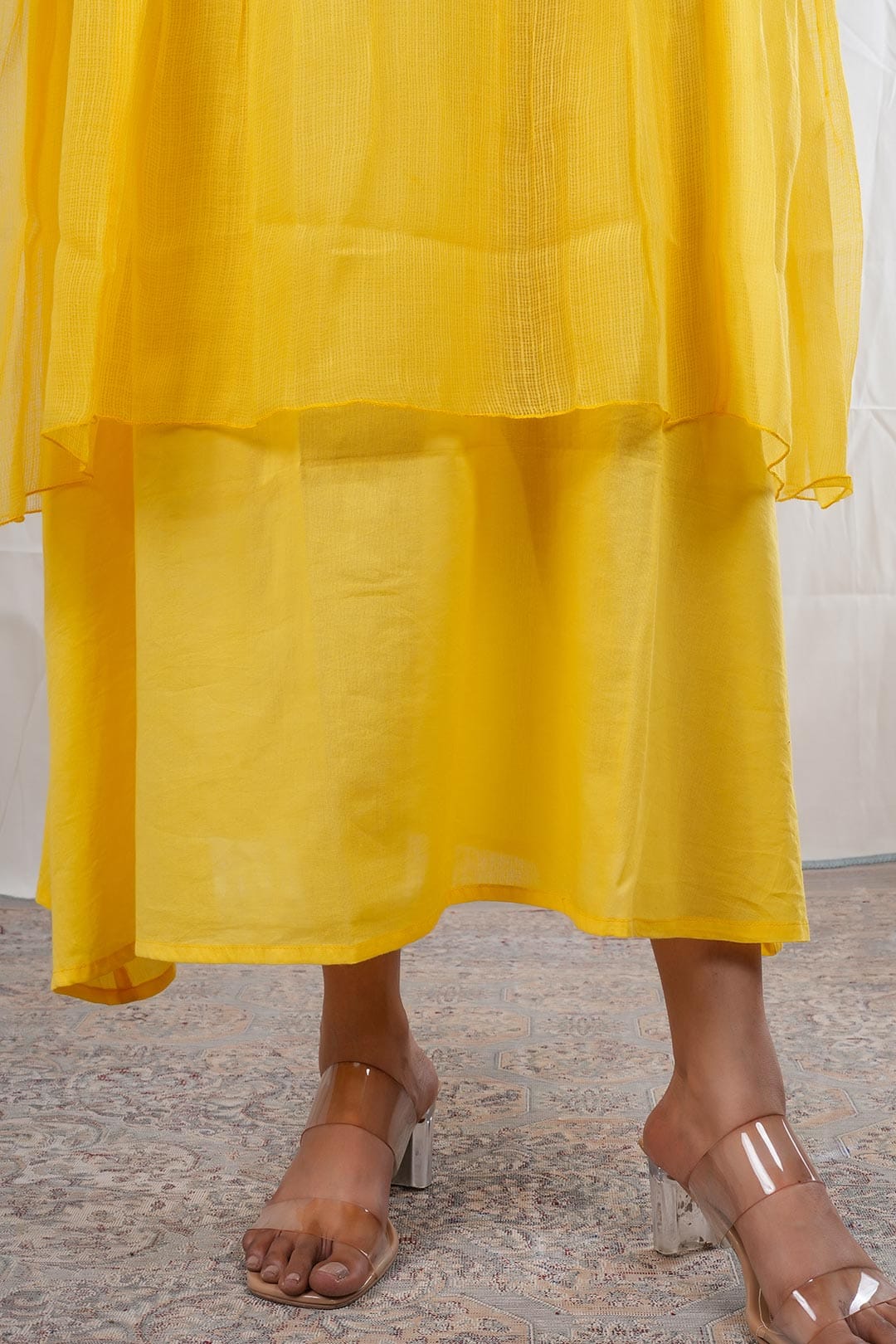 Swara – Hand Embroidery Print Kota Doriya 1 Piece Dress in Yellow Color Phalak Collection – Indo Western Wear