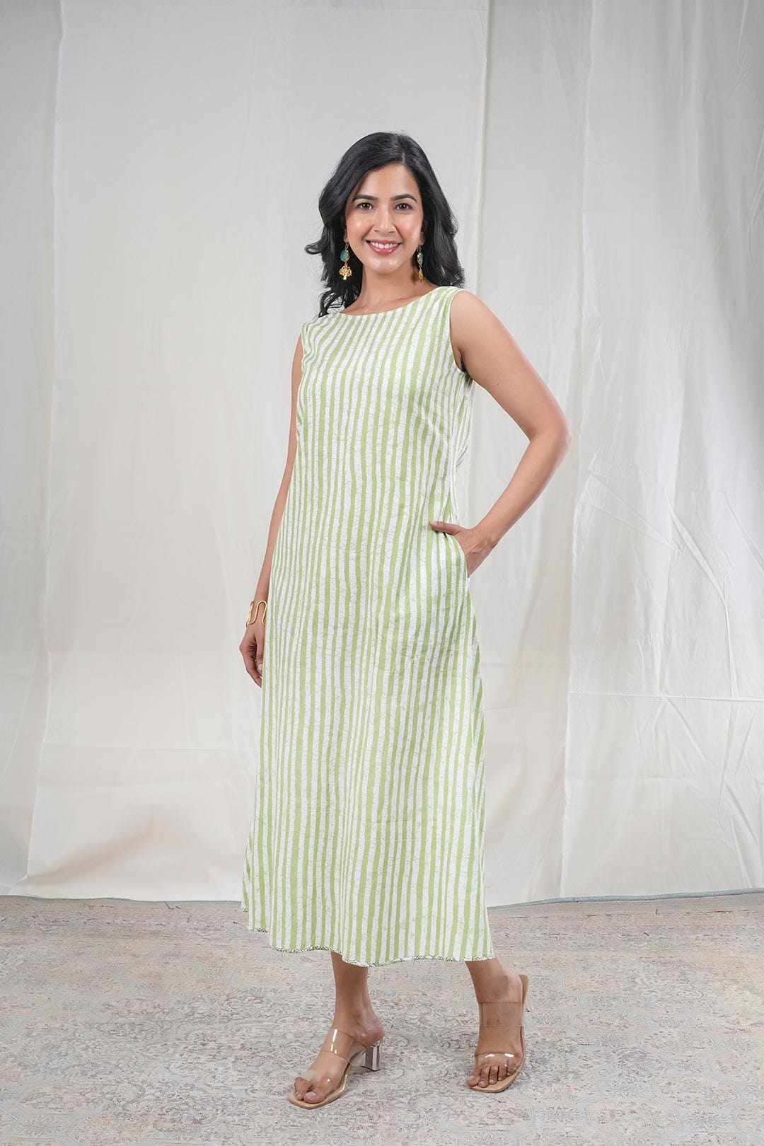 Taru – Stripe Print Premium Cotton 1 Piece Dress in Green,White Color Phalak Collection – Indo Western Wear