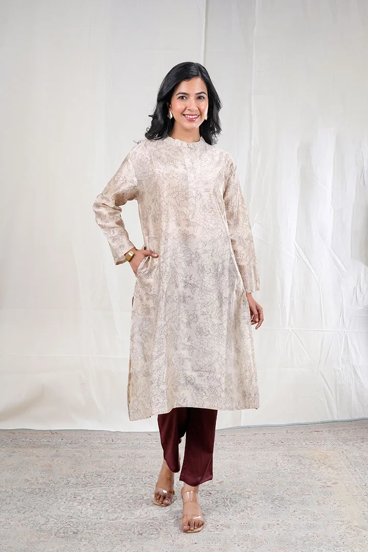 Shivani - Floral Chanderi Silk 2 Piece Kurta Set in Beige Color, Tarangini Collection - Ethnic Wear