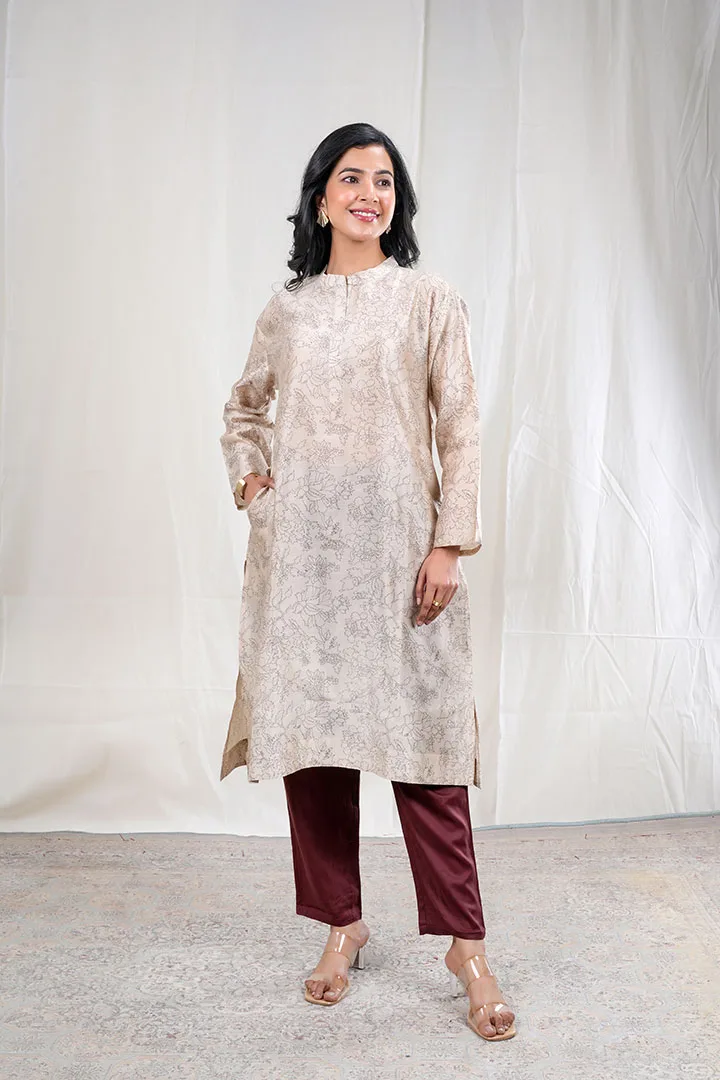 Shivani - Floral Chanderi Silk 2 Piece Kurta Set in Beige Color, Tarangini Collection - Ethnic  Wear - Image 2