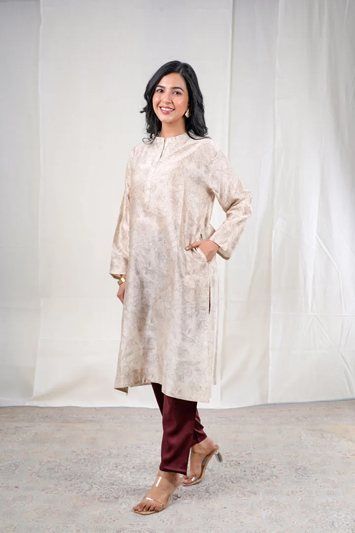 Shivani - Floral Chanderi Silk 2 Piece Kurta Set in Beige Color, Tarangini Collection - Ethnic  Wear - Image 6