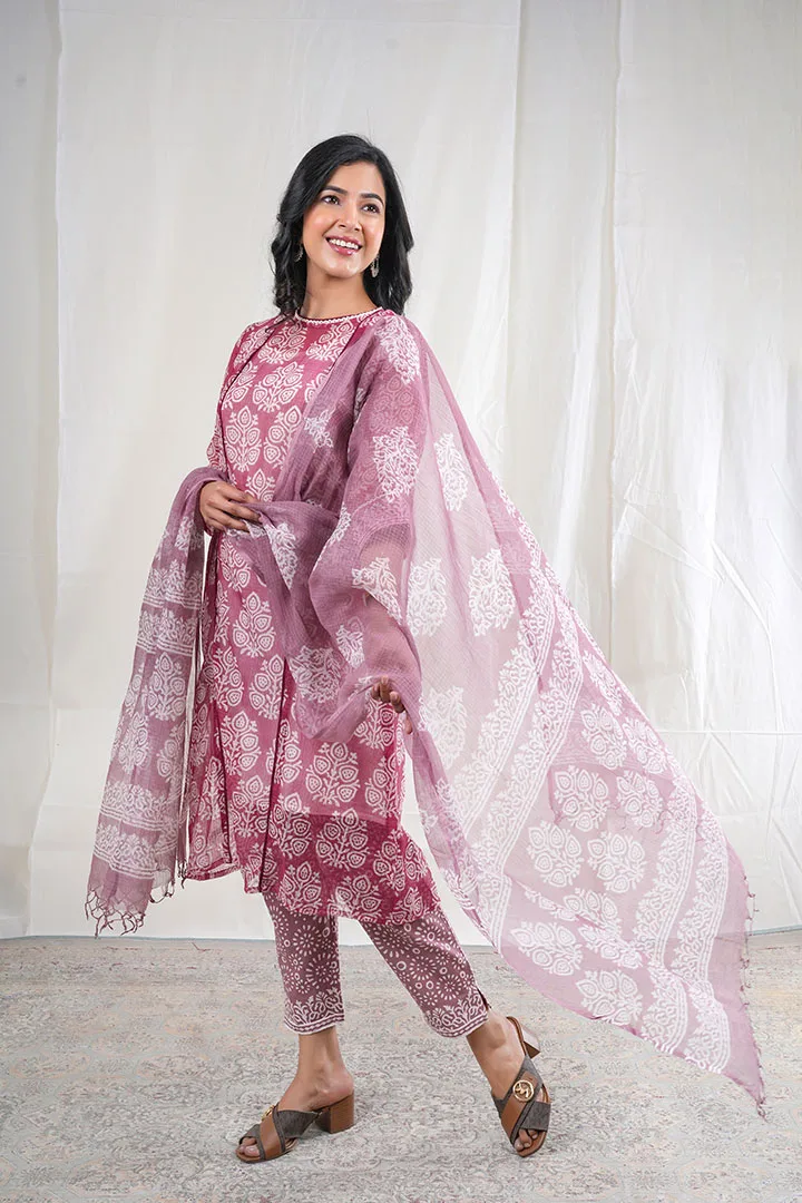 Aradhaya - Block Print Kota Doriya 3 Piece Suit Set in Maroon Color, Amba Collection - Ethnic  Wear - Image 6