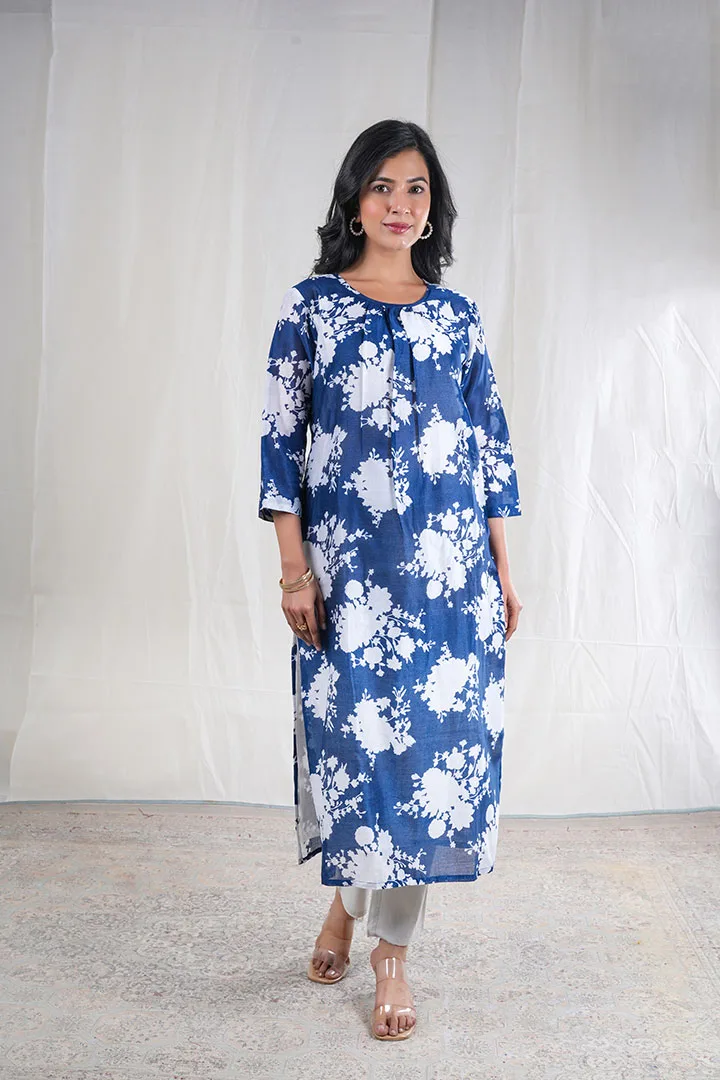 Neelika  - Floral Print Chanderi Silk 2 Piece Kurta Set  in Dark Blue Color, Tarangini Collection - Ethnic  Wear
