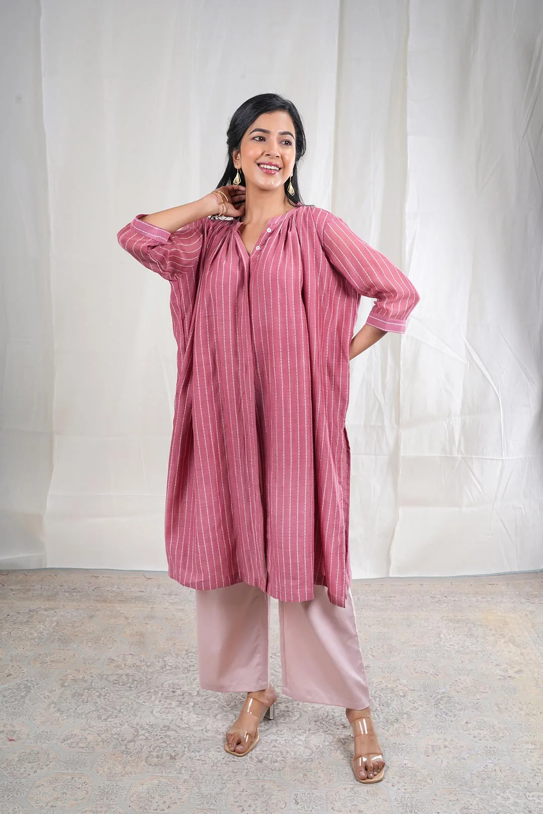Gulabik - Stripe Print Mul Chanderi 2 Piece Kurta Set in Pink Color Phalak Collection  - Indian Wear - Image 5
